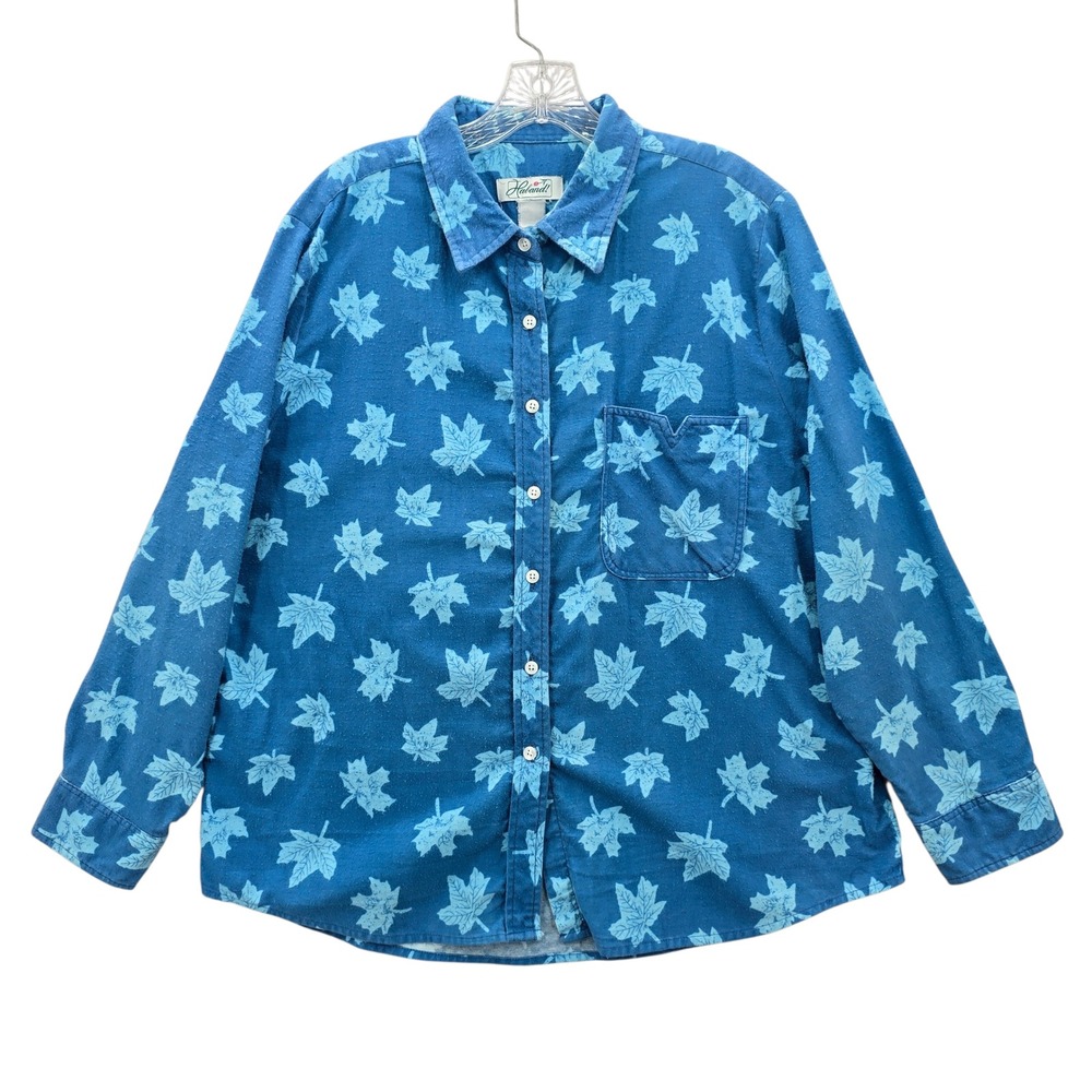 Haband Blue Leaf Cozy Flannel Y2K Vintage Button Down Long Sleeve Shirt XL‎